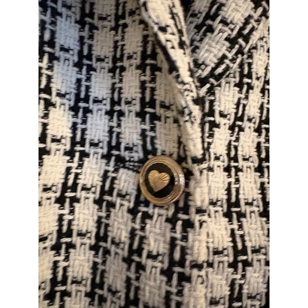 Rachel Zoe Womens Black White Tweed Longline Blazer Jacket‎ Heart Button Size S
